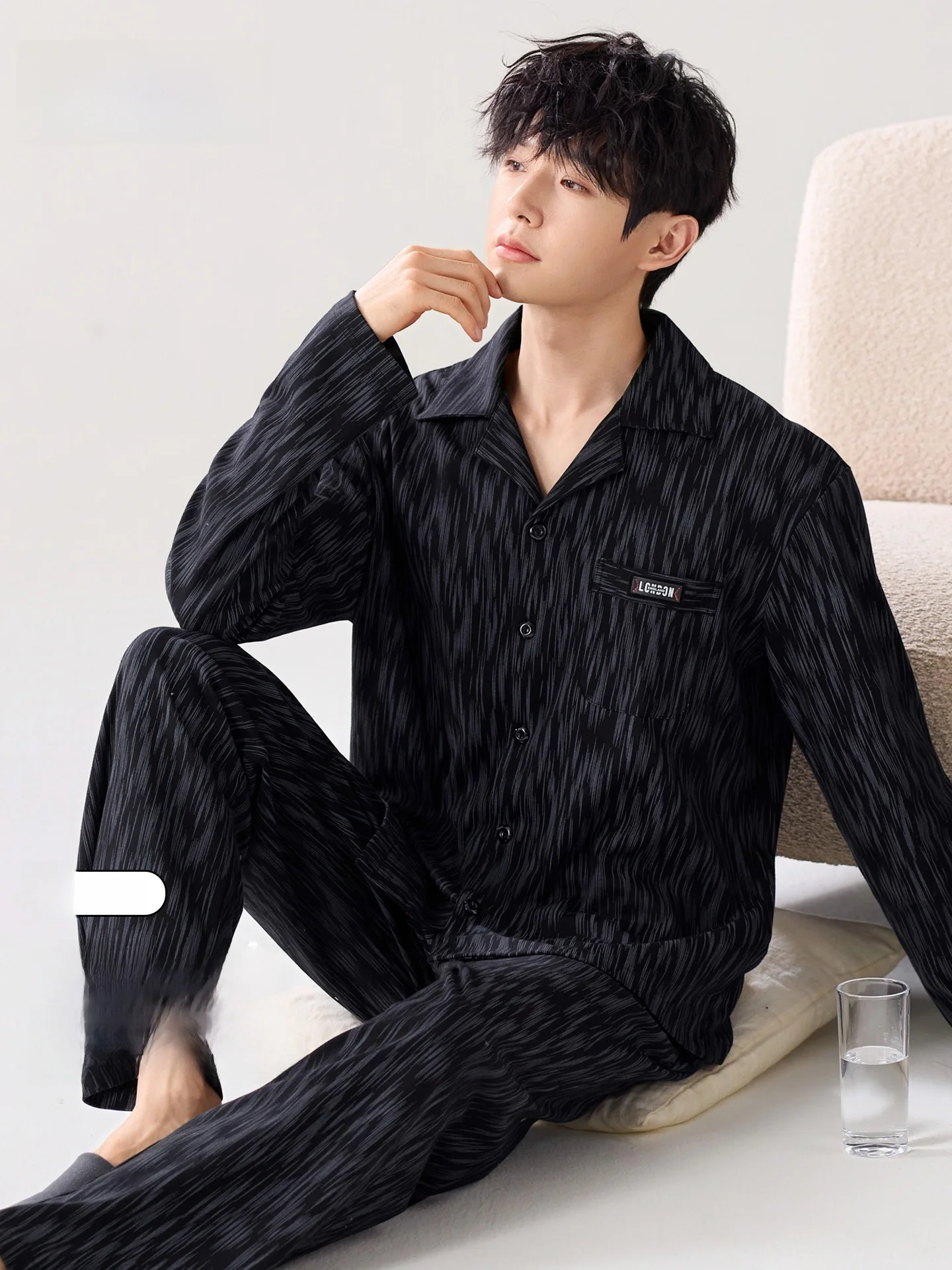 Men's Pure Cotton Sleepwear Black Long Sleeve Leisure Style Home Clothes Suitable for Outdoor Wear Spring Autumn Season