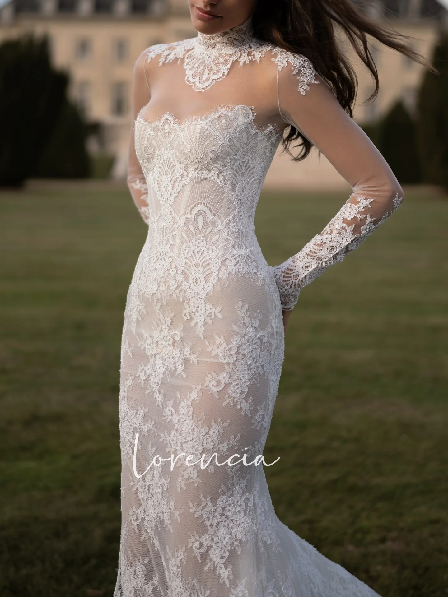 Lorencia Long Sleeves Lace Mermaid Wedding Dresses Sheer Neckline Fitted Bridal Gowns Customized Trumpet Bride Dresses
