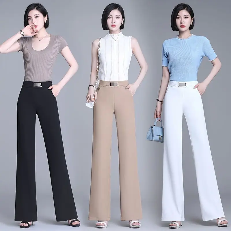 Office Lady Korean Fashion luźna szeroka nogawka garnitury spodnie damskie wiosna lato cienki jednolity wysoki stan elastyczne proste spodnie na co dzień