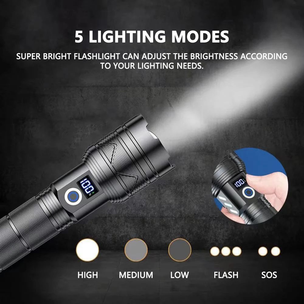 New Super Long Range Flashlight Strong Light Outdoor Portable Charging LED Zoom Digital Display 20W White Laser Searchlight