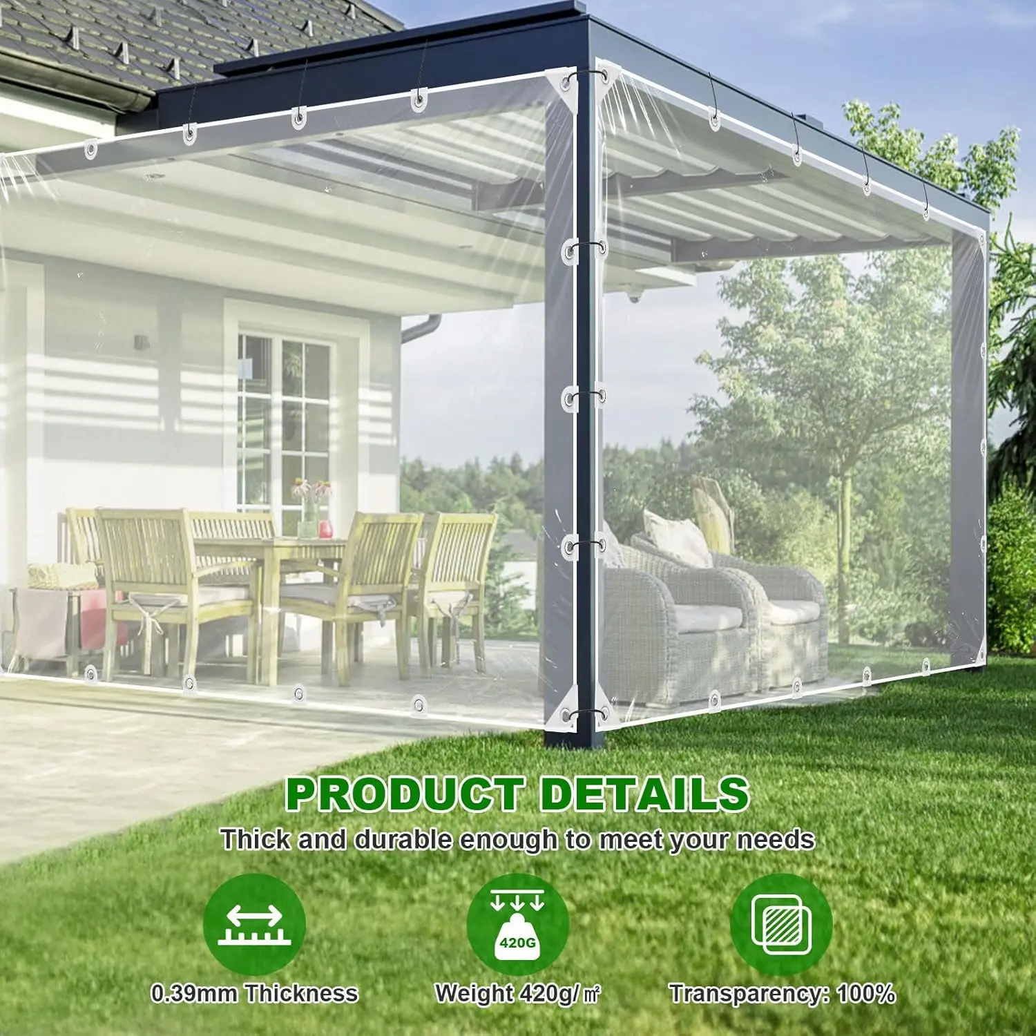 PVC Transparent Tarpaulin with Eyelet Reinforcement 420g/m² Waterproof Tarpaulin with Black Ball Ropes Weatherproof Tarpaulin for Greenhouses Garden