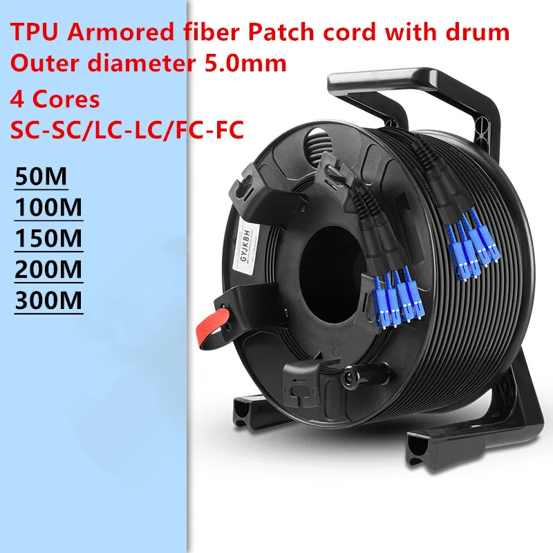 

TPU Armored Fiber Patch Cord, Waterproof, Singlemode, Outdoor, High-Quality, LC-LC, SC-SC, FC, PCD310 Drum, 4 Core, SM, 50m,100m