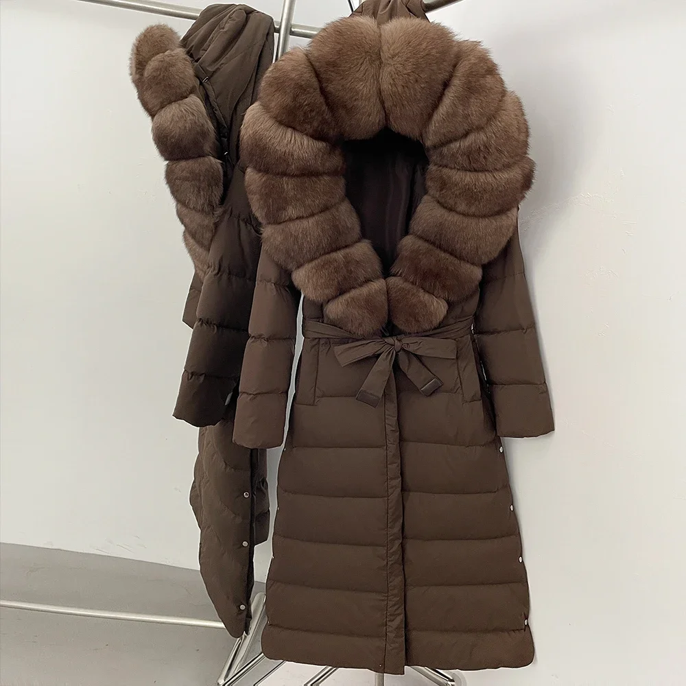 MENINA Large Real Fox Fur Collar X-Long Puffer Jacket Women Hooded Winter White Duck Down Coat Thick Female Parkas with Belt