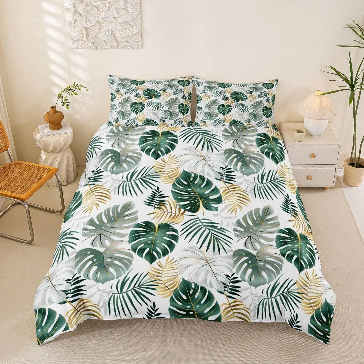 Palm Leaves Duvet Cover Full Queen Hawaiian Tropical Leaves Bedding Set Monstera Banana Leaf Comforter Cover for Kids Boys Girls