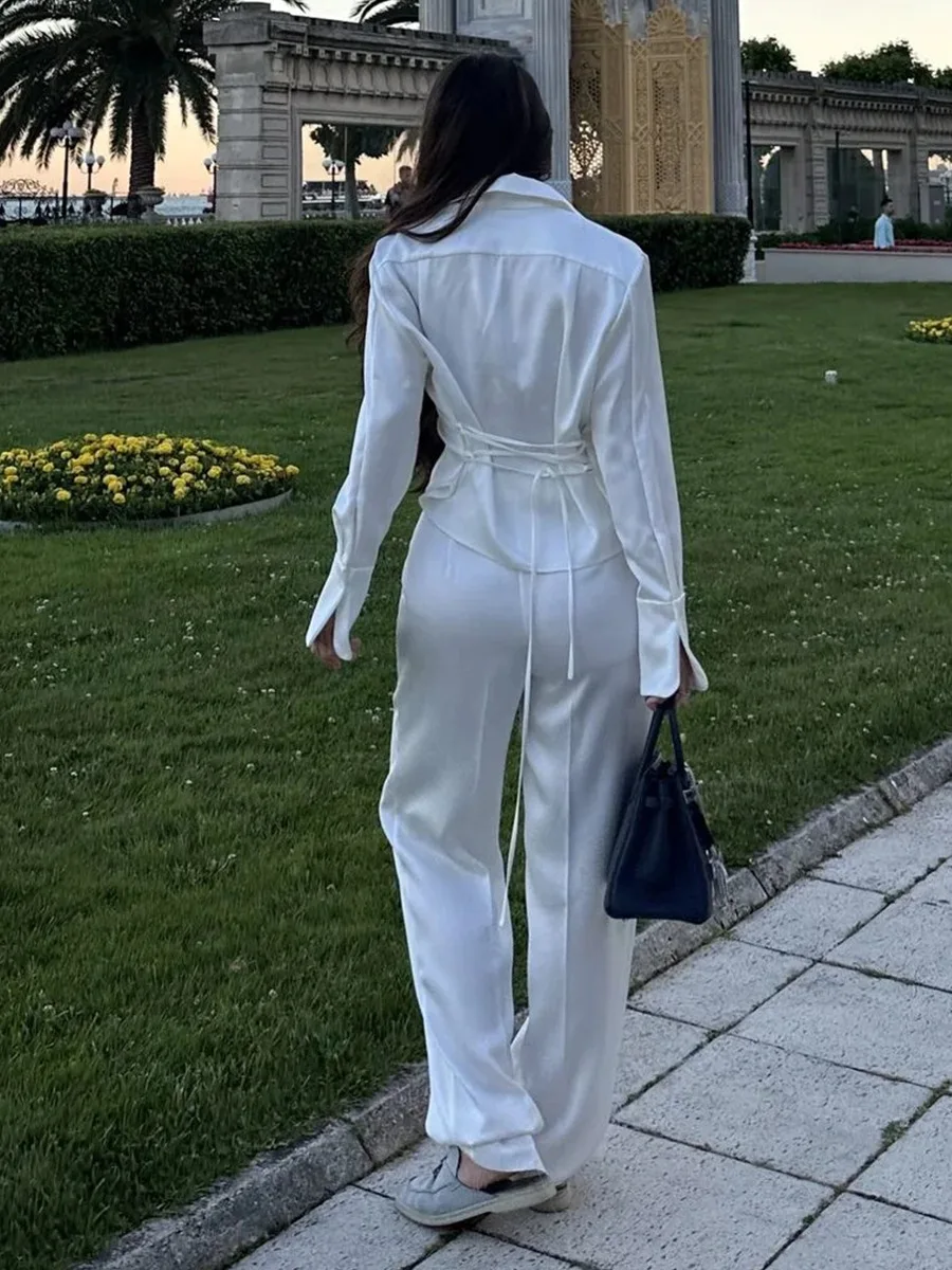 LIinar Satin Fitted Tie-Front Blouse Set for Women 2026 Spring Fall Tie-Front Waist-Cinching Women's Blouse and Pants Set