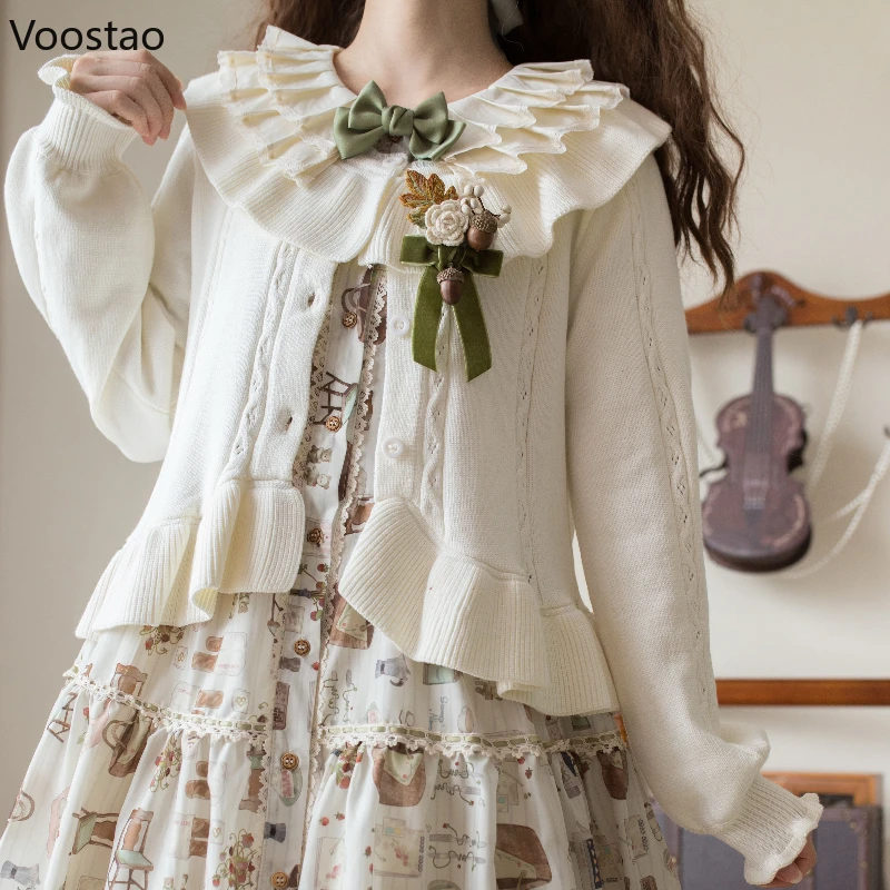 اليابانية Kawaii لوليتا البلوزات سترة المرأة أنيقة الحلو الكشكشة س الرقبة طويلة الأكمام محبوك معطف الفتيات Vintage بلايز عادية