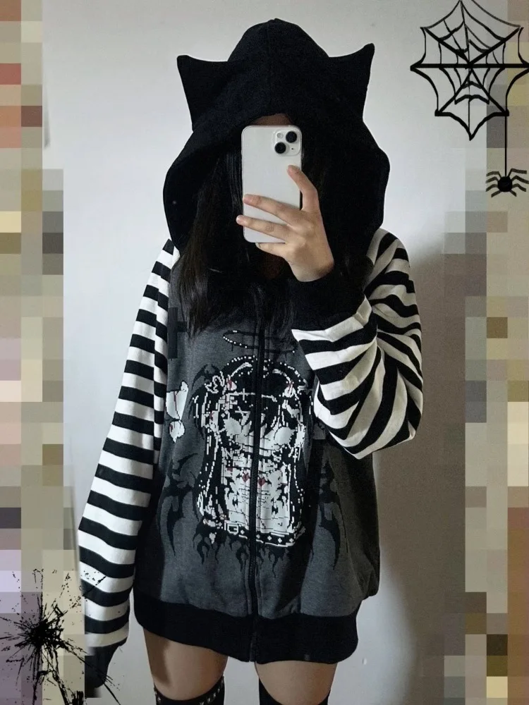 Harajuku Stripe Patchwork Hooded Tops Streetwear Oversized Y2k Aesthetic Autumn Hoody Women Grunge Printing Cat Ears Sweatshirt