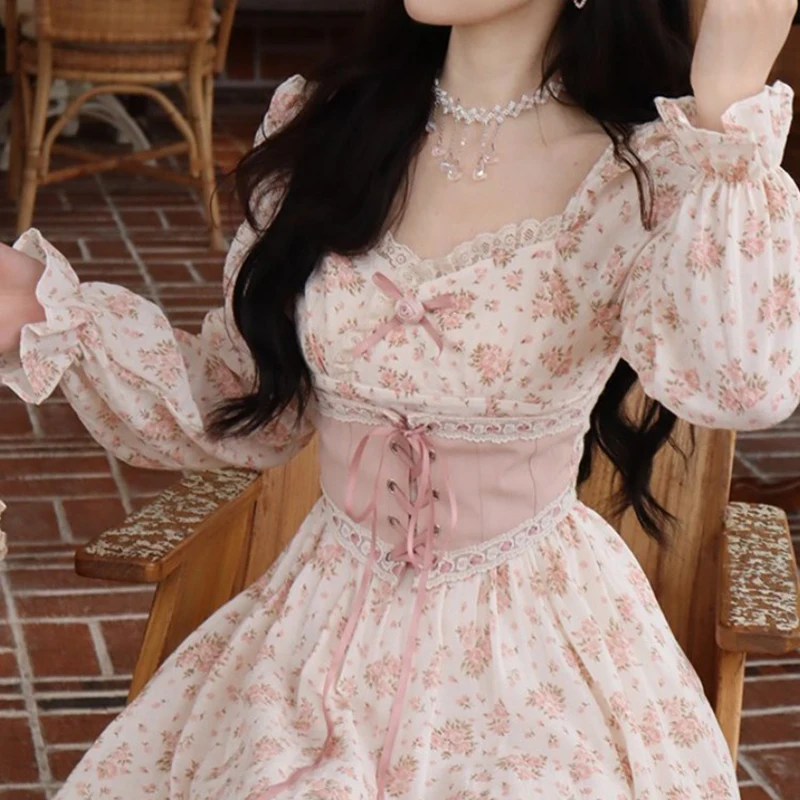 

Korea Sweet Elegant Women Lace-up waist Lace Print Long Dresses Vintage Square Collar Puff Sleeve Princess Kawaii Party Dresses