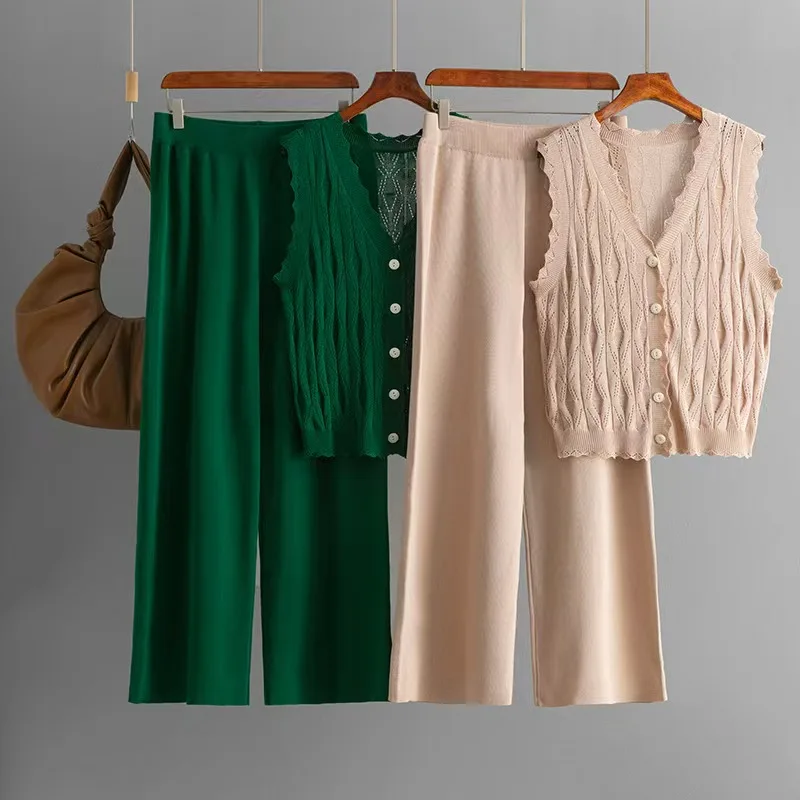 

Вязаный ажурный кардиган, жилет, широкие брюки, комплект летней моды, женский костюм-двойка с V-образным вырезом на пуговицах ort Sve