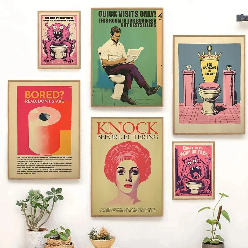 Knock Before Entering/Let It Go/Wash Your Hands Funny Toilet Poster Canvas Painting Retro Wall Art Picture Bathroom Home Decor