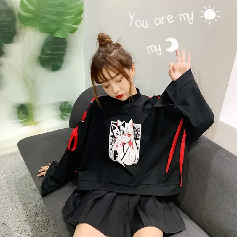 Vrouwen Harajuku Pullovers Chique Cartoon Anime Kleding Nieuwe Stand Kraag Bandage Kawaii Sweatshirts Schattige Halloween Kostuums Pullover