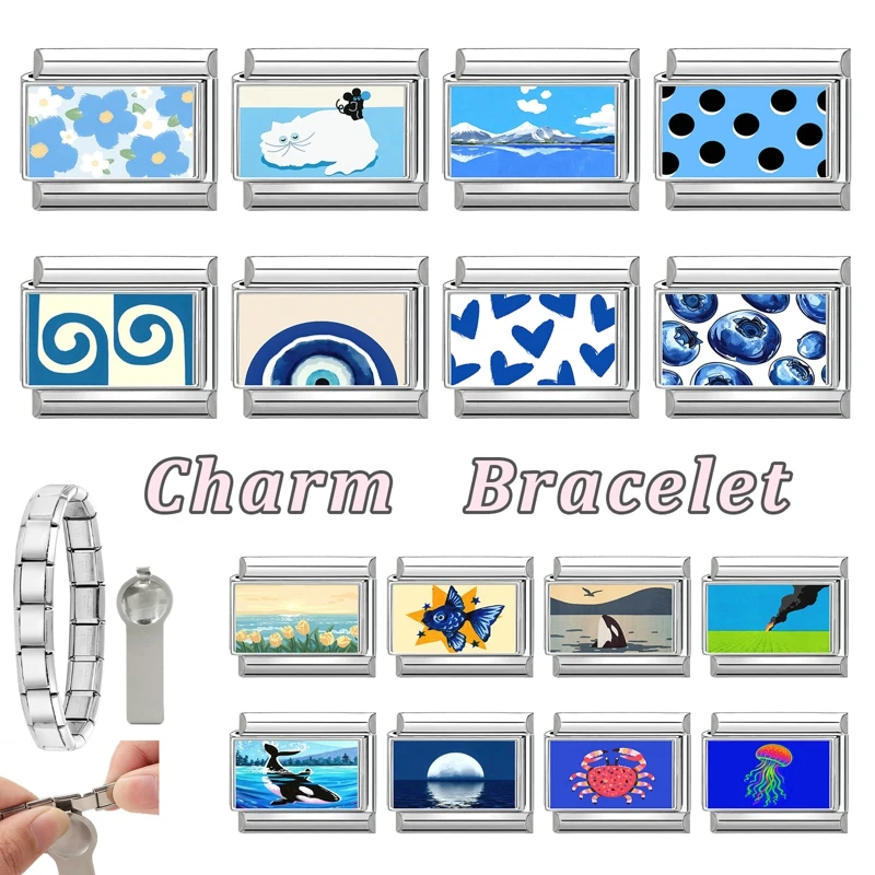 Fashion Blue Whale Cat Blueberry Jellyfish Flower Italian Charm Links Fit 9mm Stainless Steel Bracelet Women DIY Making Gift