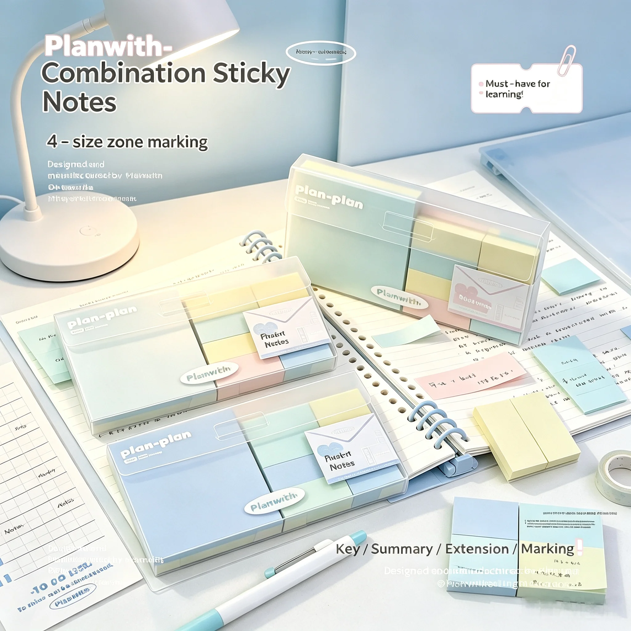 Planwith Combination Sticky Notes 4‑Size Zones Markers Notes Color‑Coded Index Sticky for Notebook Diary Annotation Stationery