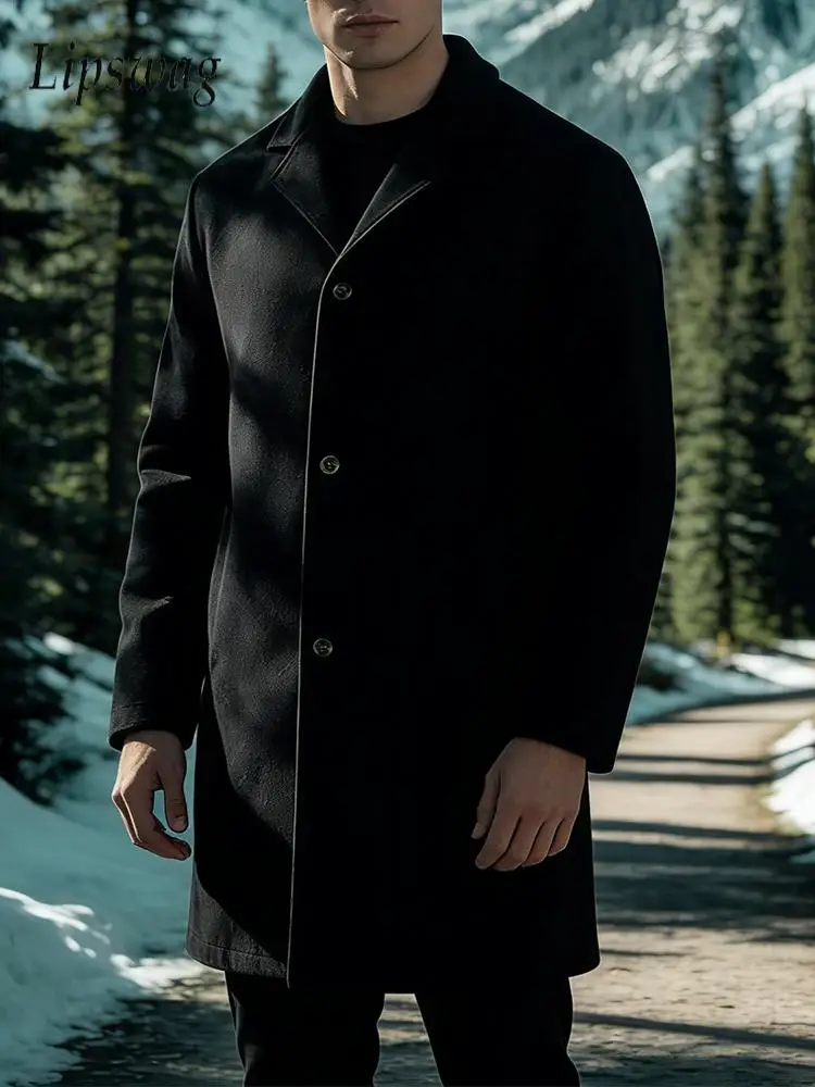 

Stylish Mens Single-breasted Woolen Jackets Autumn Winter Casual Solid Color Lapel Overcoats Men Vintage Windbreaker Streetwear