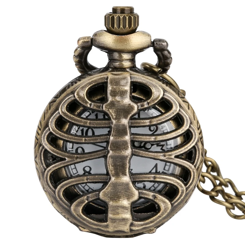 Small Bronze Skull Skeleton Design Steampunk Quartz Chain Pocket Watch Hollow Case Analog Men's Pocket & Fob Watches for Men