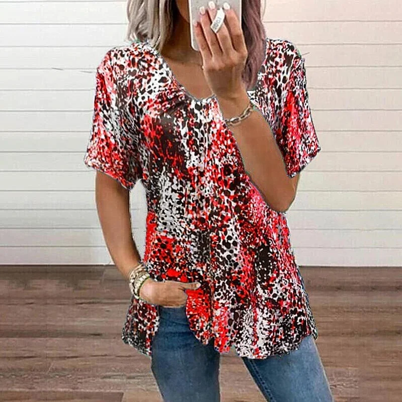 Women's Summer Fashion Blouse Digital Print Leopard Print Blouse Chest Pleated V Neck Short Sleeve Casual T-shirt