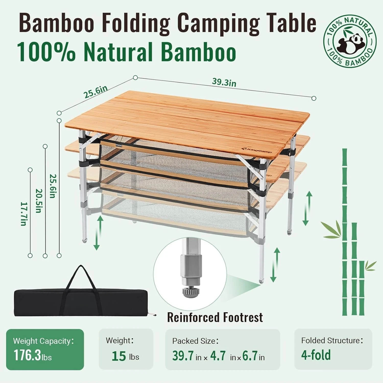 Bamboo Folding Camping Table Adjustable Height Portable Outdoor Picnic Dining Table with Storage Organizer Roll Up Utility Table for Lawn Backyard Patio Picnic Camping Hiking Natural Bamboo
