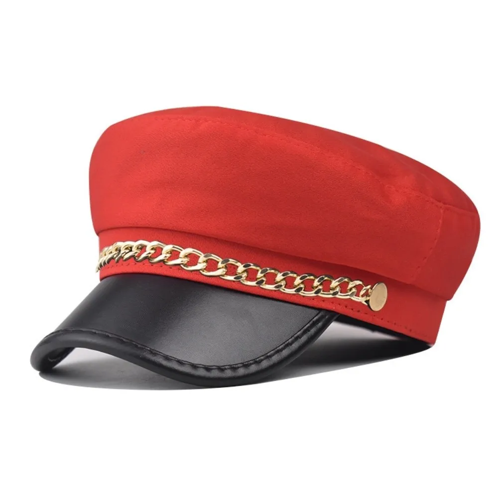 Vintage Gold Chain Decor Newsboy Cap PU Leather Adjustable Beret Hat Short Brim Casual Peaked Cap Street Daily Wear