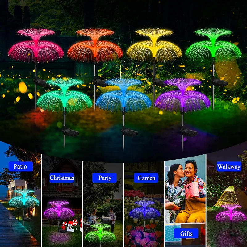 Double Solar Jellyfish Light 7 Colors Solar Garden Lights LED Fiber Optic Solar Lights Outdoor Waterproof Lawn Lamp Patio Decor