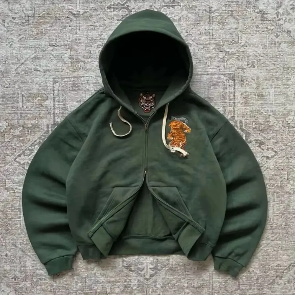 Sudadera con capucha informal Y2k para hombre y mujer, con bordado de tigre, cierre de cremallera, manga larga, con bolsillo canguro, color verde oliva