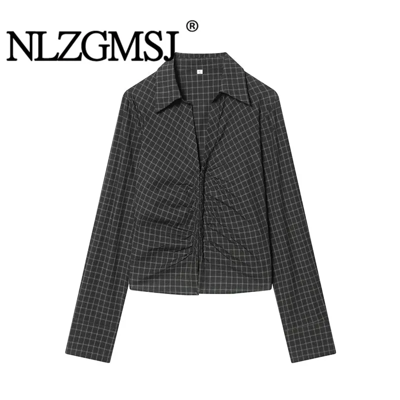 

NLZGMSJ 2026, весенняя женская рубашка в клетку, весенние модные рубашки с длинными рукавами для женщин, облегающая уличная блузка с рюшами, топ ﻿