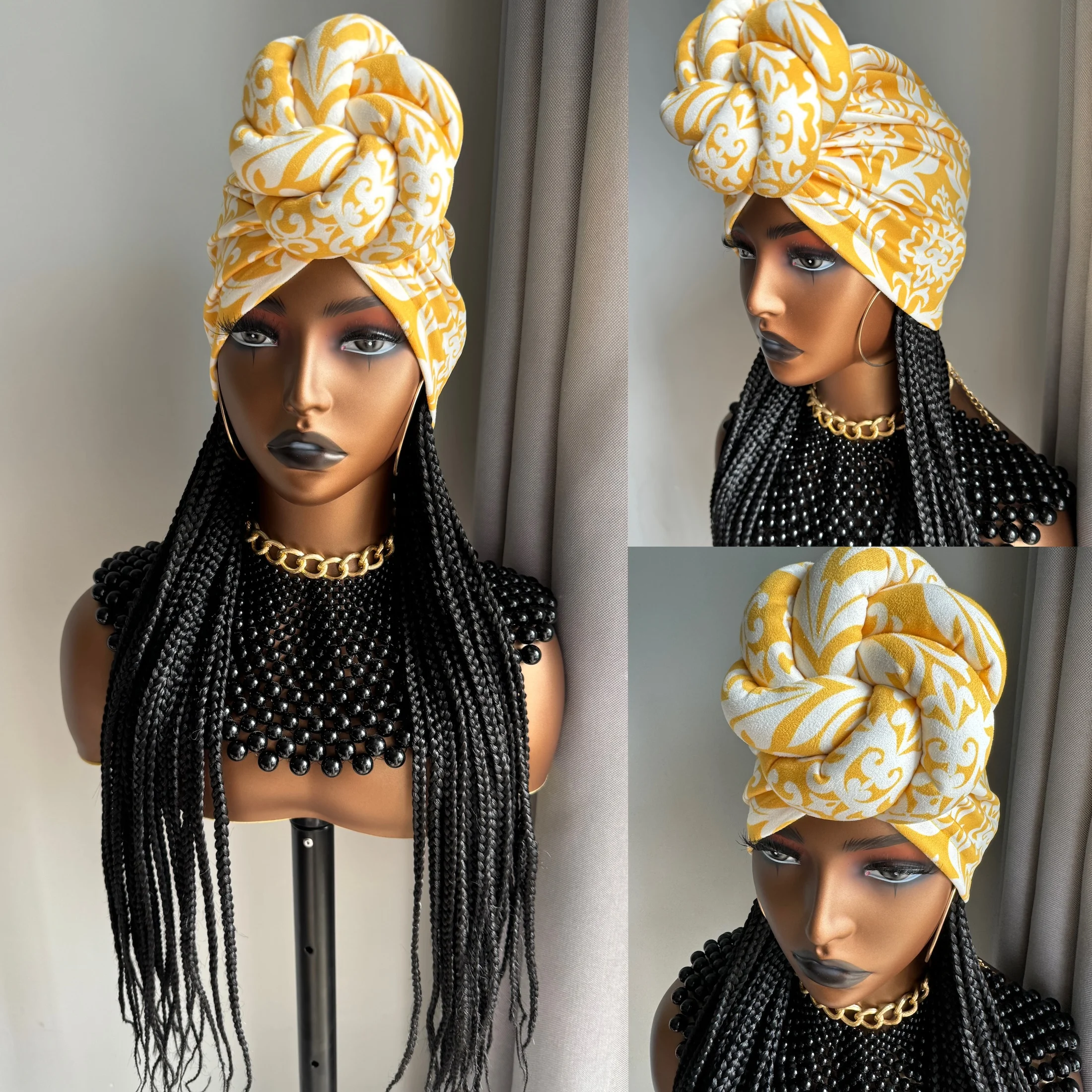 Long Black  Synthetic Box Braided With Elastic Bands Headband Wig  And Headband Split Set Turban Braiding Hair Extensions Wigs