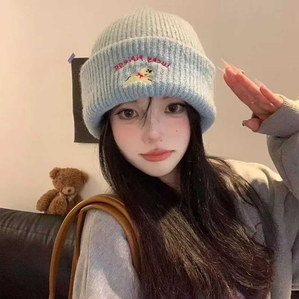 Fashion Puppy Embroidery Winter Knitted Hat Thicken Winter Warm Beanie Cap Windproof Soft Crochet Bonnet Hat