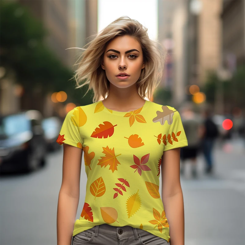 Yellow Leaf 3D Printed Women's T-shirt Casual Style Women's T-shirt Fashion Trend Women's T-shirt Summer New Women's T-shirt