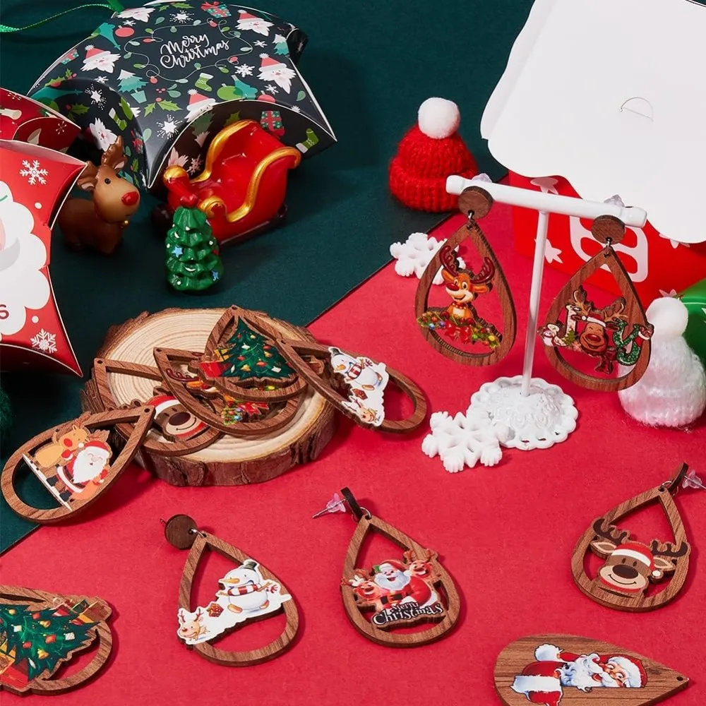 1 กล่อง DIY 10 คู่คริสต์มาสไม้ต่างหูทําชุด Xmas Charms ต้นคริสต์มาส Charms Santa Claus Reindeer Charm ทําชุด