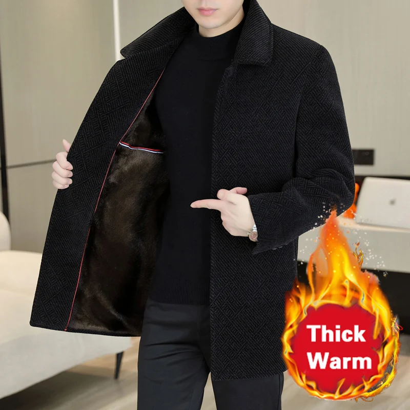 Autumn Business Thickened Lapel Men's Wool Coat Mid-length Mink Velvet Woolen Trench Coat Jacket Mens Tweed Coat Coat Men Winter