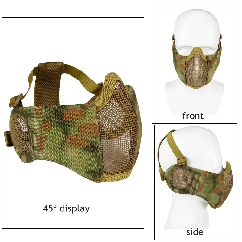 Adjustable Tactical Glory Half Face Mask with Ear Protection Protective Strike Metal Mesh Mask for Airsoft Paintball CS Game