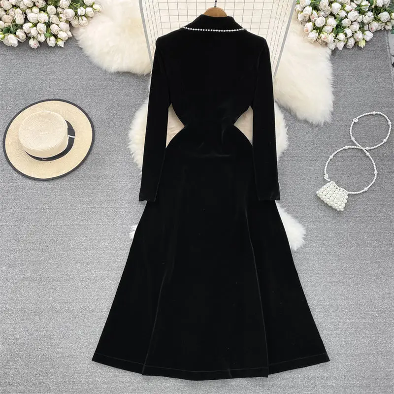 Korean Coat Long Dress Retro Women\'s Temperament Suit Collar Slim Split Gold Velvet Blazer Jacket Windbreaker Dress T1252