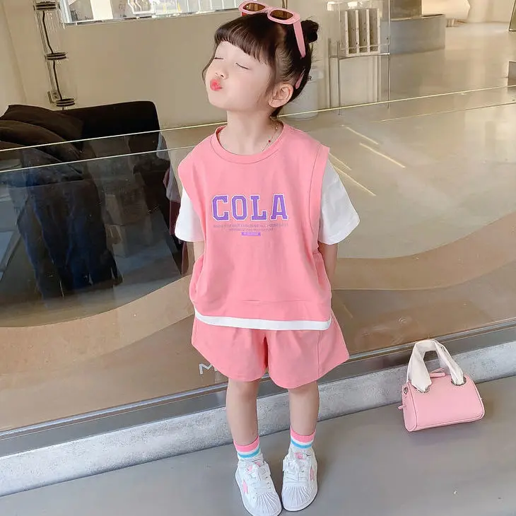 

Girls'Short-Sleeved Suit 2022 Summer New Fake Two-Piece Korean Style Western Style Medium and Big Children Girls' Two-Piece Suit