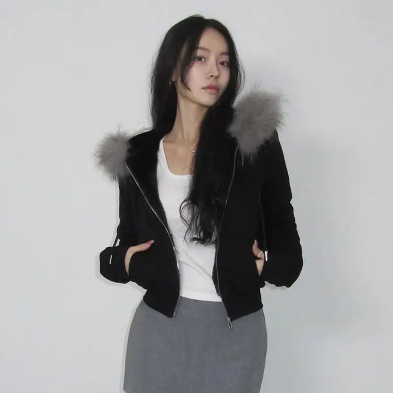 

Kimotimo Faux Fur Patchwork Short Hoodies Women 2025 Autumn Casual Long Sleeve Zipper Hooded Sweatshirt Vintage Slim Y2k Tops