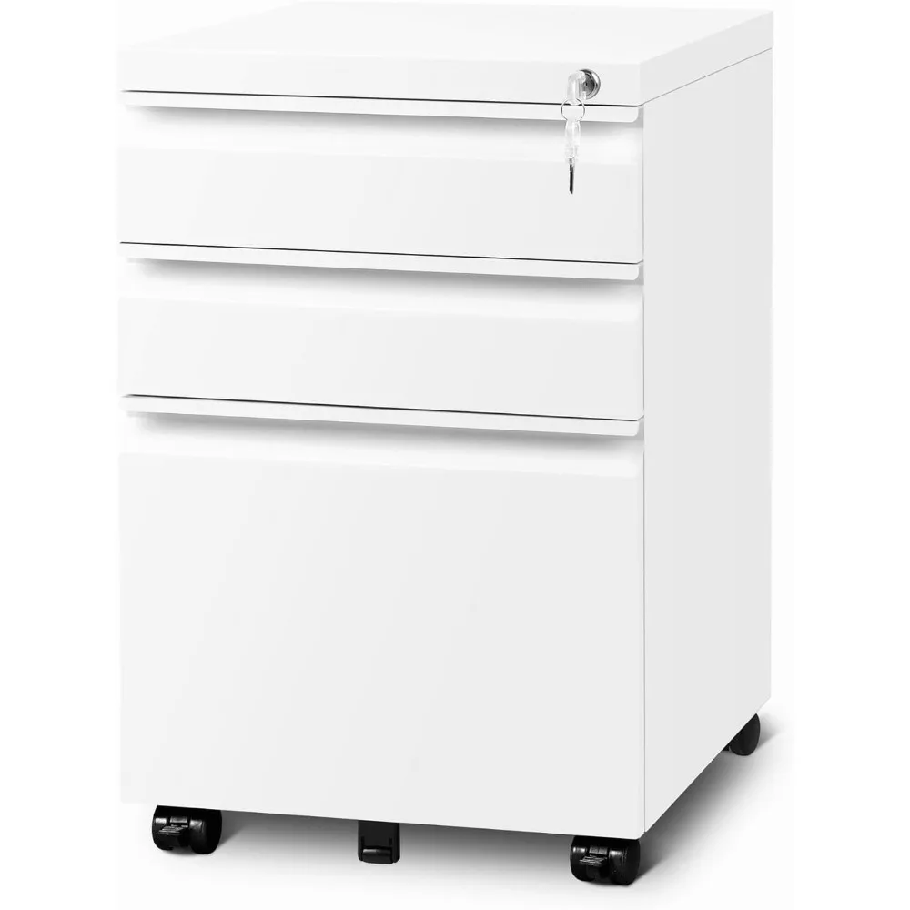 

3 Drawer File Cabinet with Lock Under Desk Storage for A4 Letter Legal Size Documents Fully Assembled Matte White