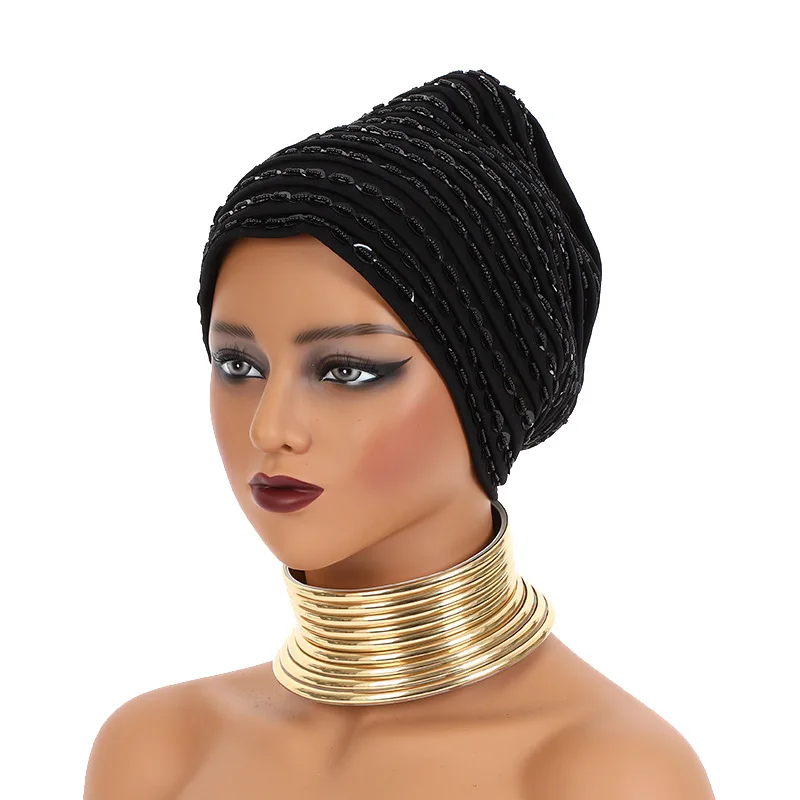 African Women Sequin Turban Hat Beaded Stretch Head Wrap Ladies Muslim Headscarf Soft Elastic Pleated Headwear Party Cap Mujer 5