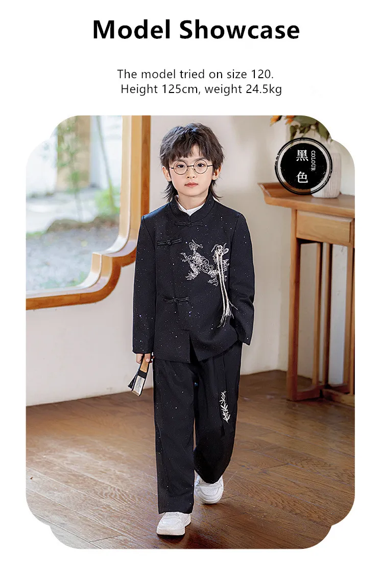 Chinesisches Hanfu für Jungen im Frühling-Herbst-Stil, Kinderkostüm im Tang-Nationalstil mit Stehkragen und Stickerei für Aufführungen A5051 – Detail 5