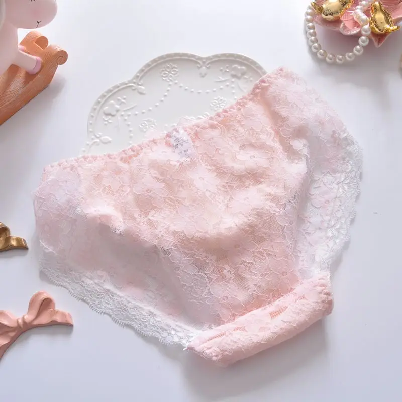 Women Cotton Mesh Sexy Lace Cute Lovely Sweety Princess Lolita Bow Ruffles Panties Elasticity Middle Waist Transparent Underwear