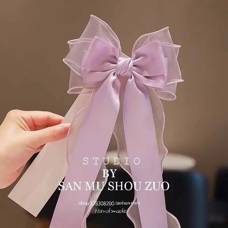 Cute big bow long ribbon hair clip princess ponytail girl solid color ribbon hair accessory