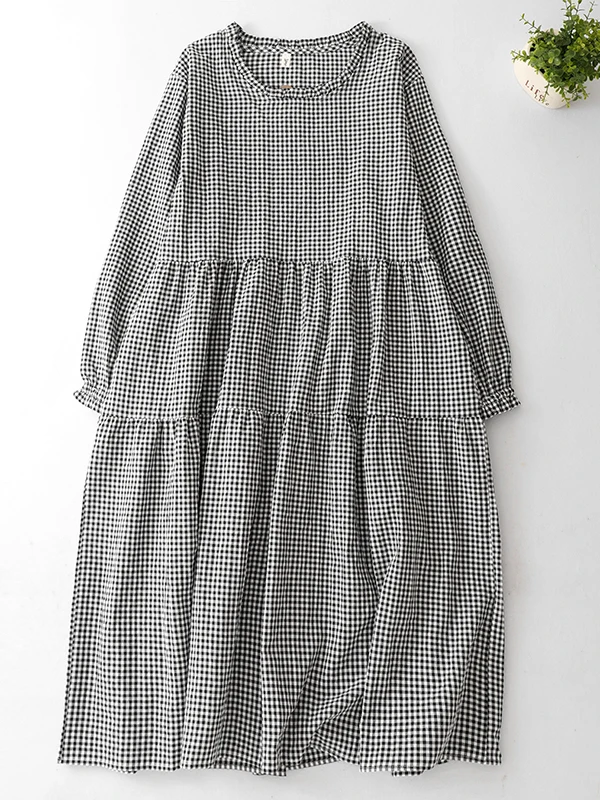 

Повседневное клетчатое платье, женское осеннее платье большого размера, свободное художественное ретро круглое платье Ne French Sle A-Line Midi Dr Long Sve