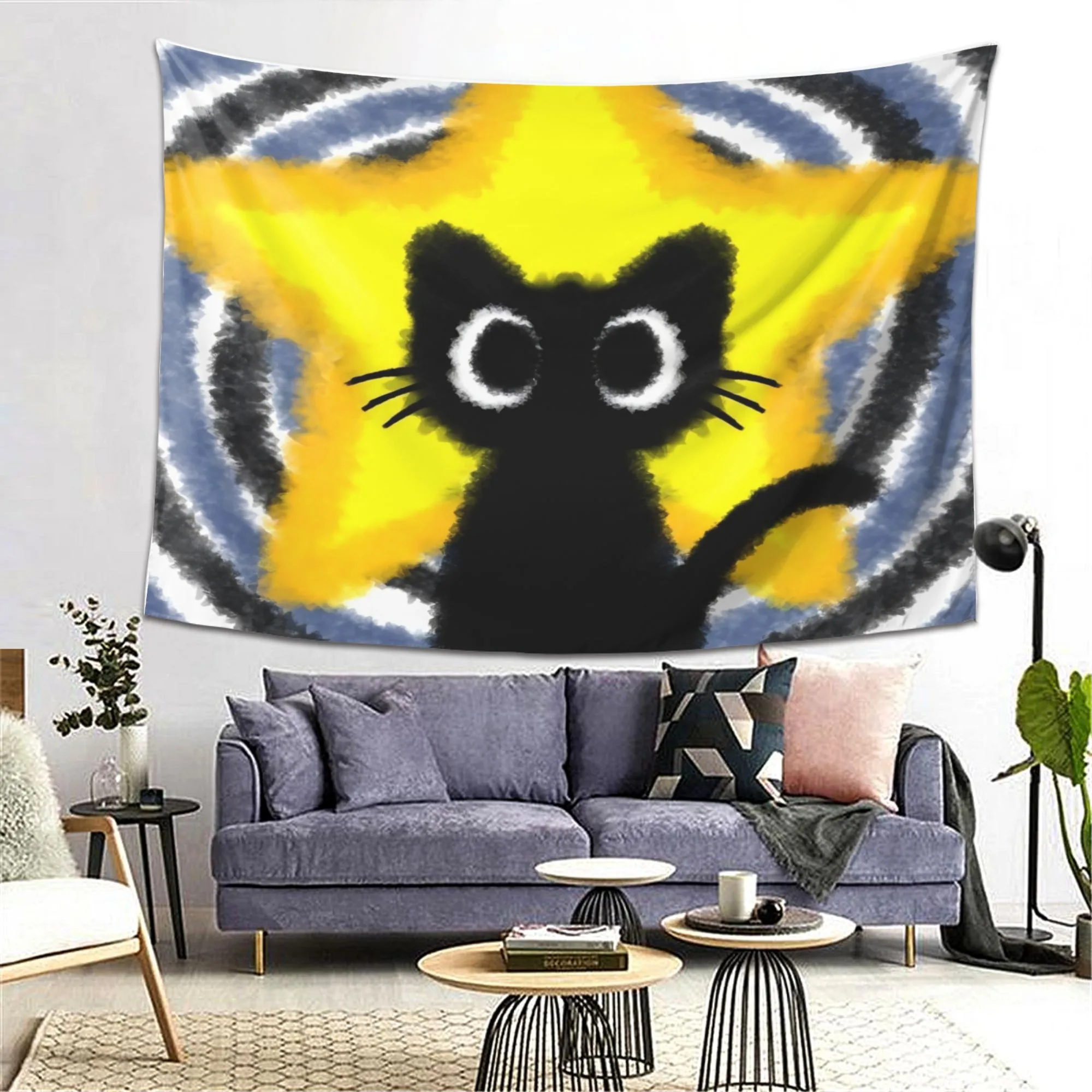 Watercolor Cute Black Cat Yellow Five-Pointed Star Wall Tapestry, Abstract Swirl Grey Blue Ring Background Cartoon Kitten Wall H