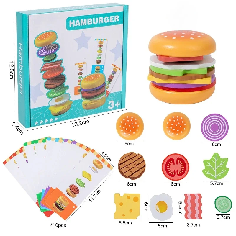 Kawaii Montessori Wooden Burger Stacking Toy Cute Pretend Play Food Fine Motor Sorting Educational Blocks Kids Birthday Party