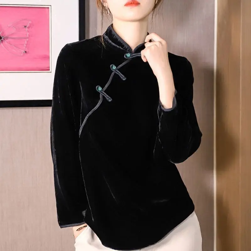 Spring Black Retro Elegant long Sleeve Loose Long Dress Loose Chinese Collar Modern Improved TT627