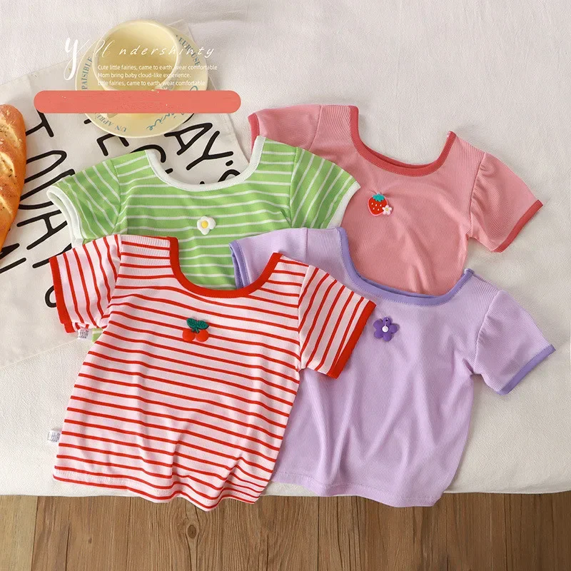 T-shirt Summer Square Collar Tops Casual Versatile Children Clothing New Baby Girls Tees Short Sleeve