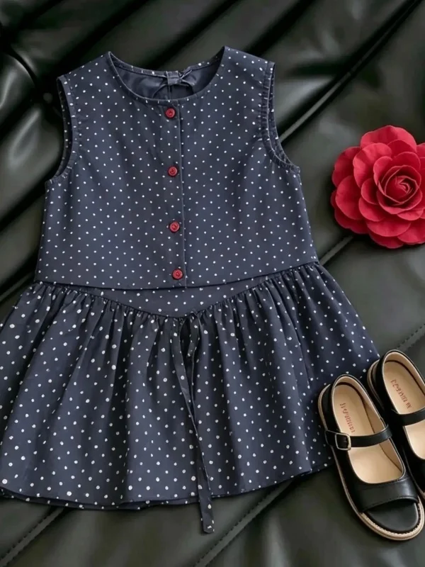 Summer Polka Dot Outfit for Girls Sleeveless Button up Top Half Skirt Trendy Two Piece Set Breathable Short Sleeve round Neck