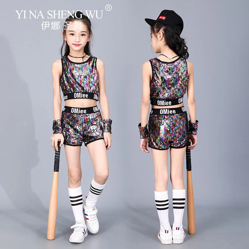 新しいジャズダンス衣装女の子カラフルなスパンコールシャイニングストリートダンスジャケットスーツ子供の日のファッションステージパフォーマンス衣装