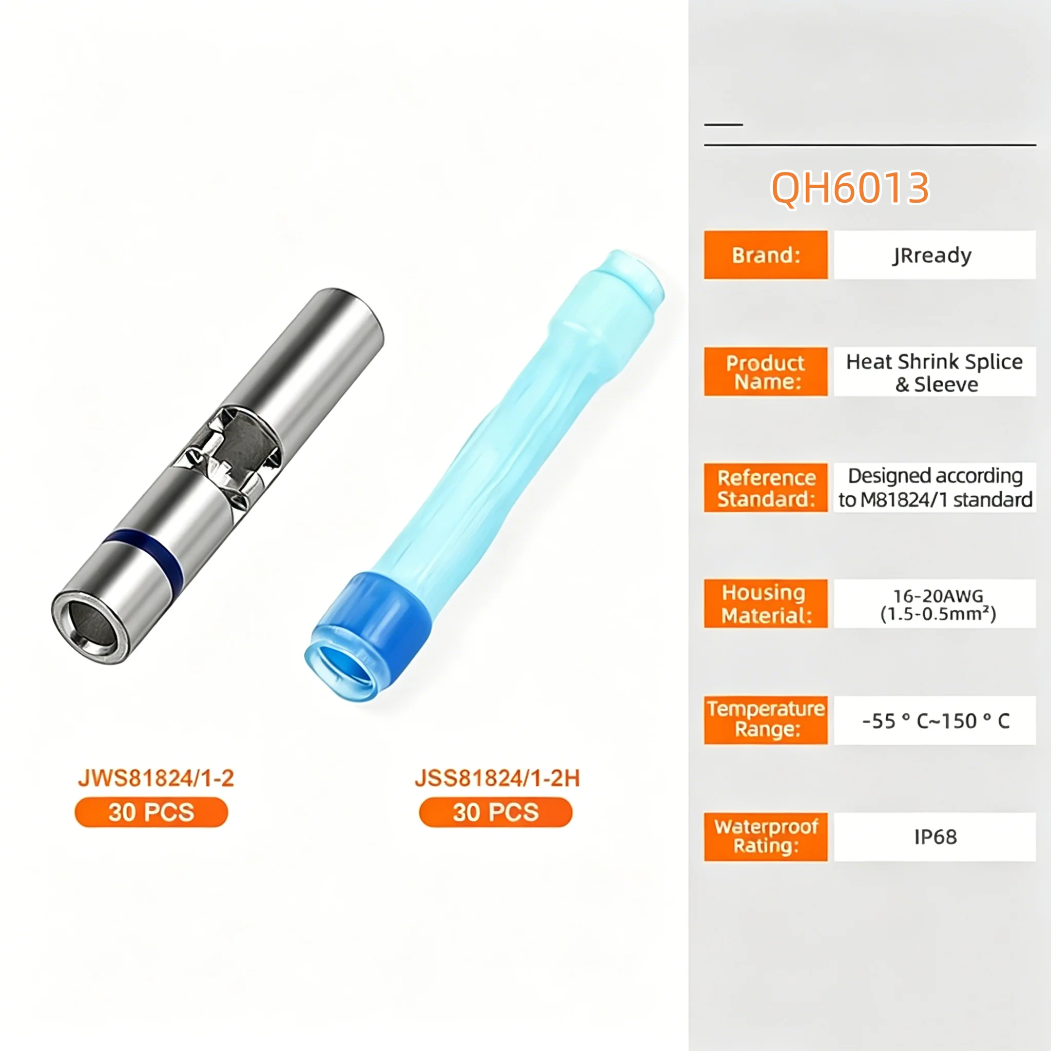 JRready M81824/1-2 Blue Butt Connectors Kit 16-20 AWG (30 Sets) - Waterproof & Wire Splice Connectors with High-Temp Heat Shrink