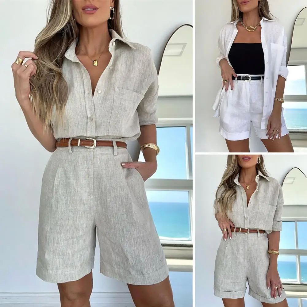 Women Suit Set Women\'s Commute Outfit Set with Long Sleeves Blouse High Waist Pants Belt Solid Color Shirt Shorts Set for A