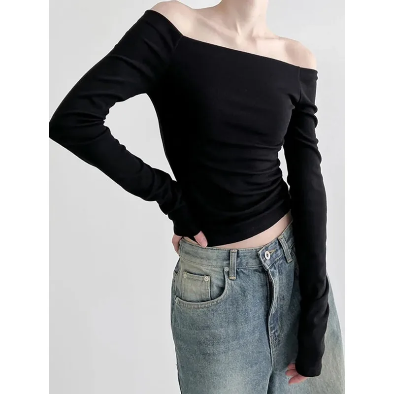 Solid Slash Neck Elegant Long Women Sleeve Tops  Fashion Slim Sexy Cropped T Shirt Women Fall Clothing