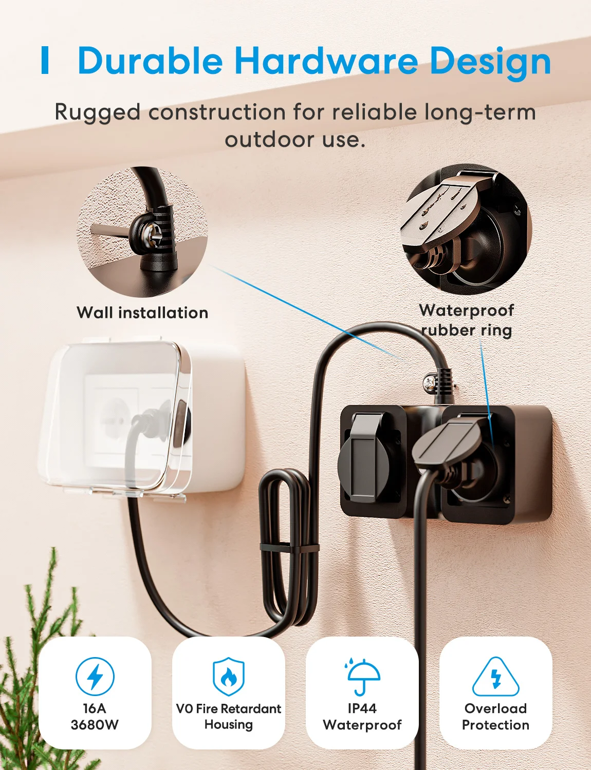 Meross Wifi Eu Matter ซ็อกเก็ตกันน้ํากลางแจ้ง Rain ปลั๊กไร้สายขยายซ็อกเก็ต Power Monitor IP44 16A